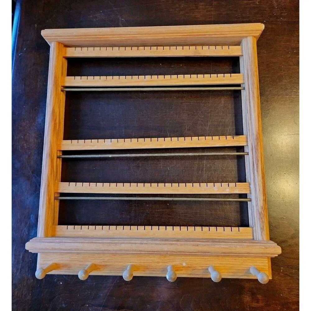 Vintage Oak Wood Wall Mount Jewelry Organizer Rack Earrings Holder